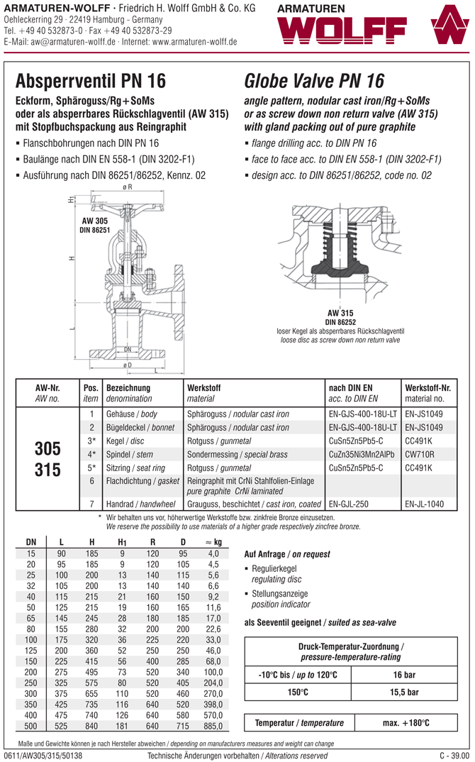 AW 305 Flanged Stop Valve, angle pattern