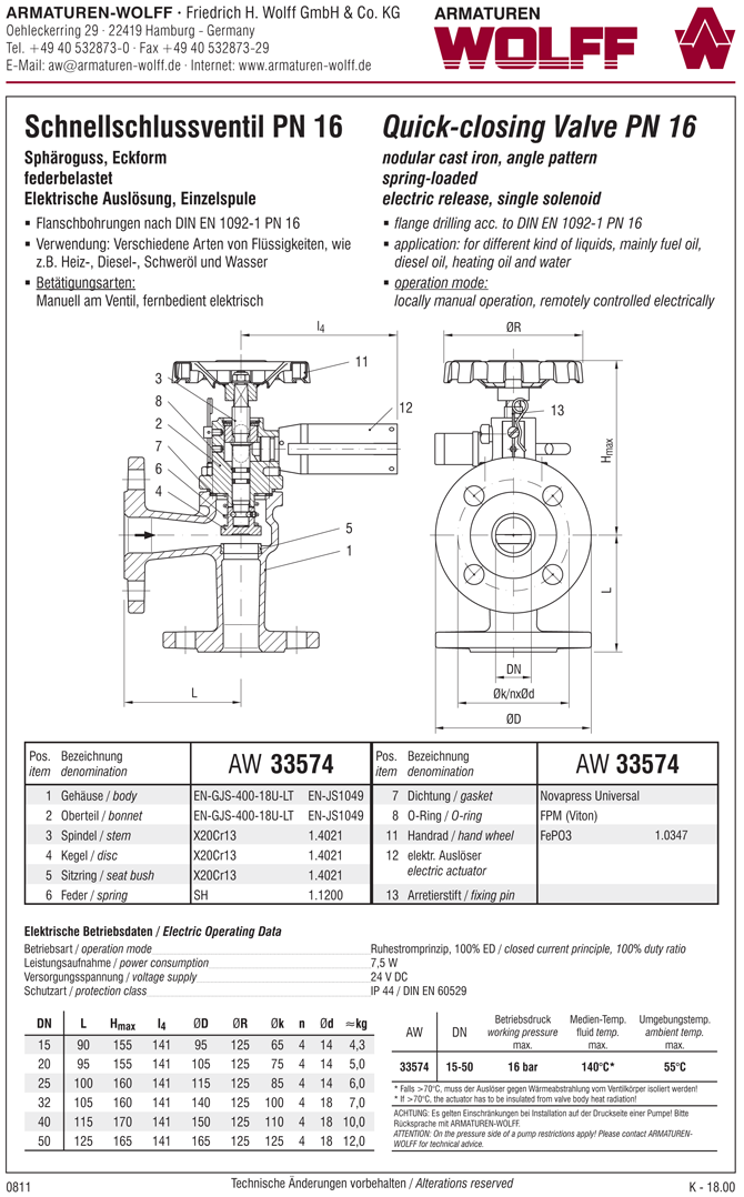 AW 33574 Quick-closing Valve, springloaded, angle pattern, electrical operation