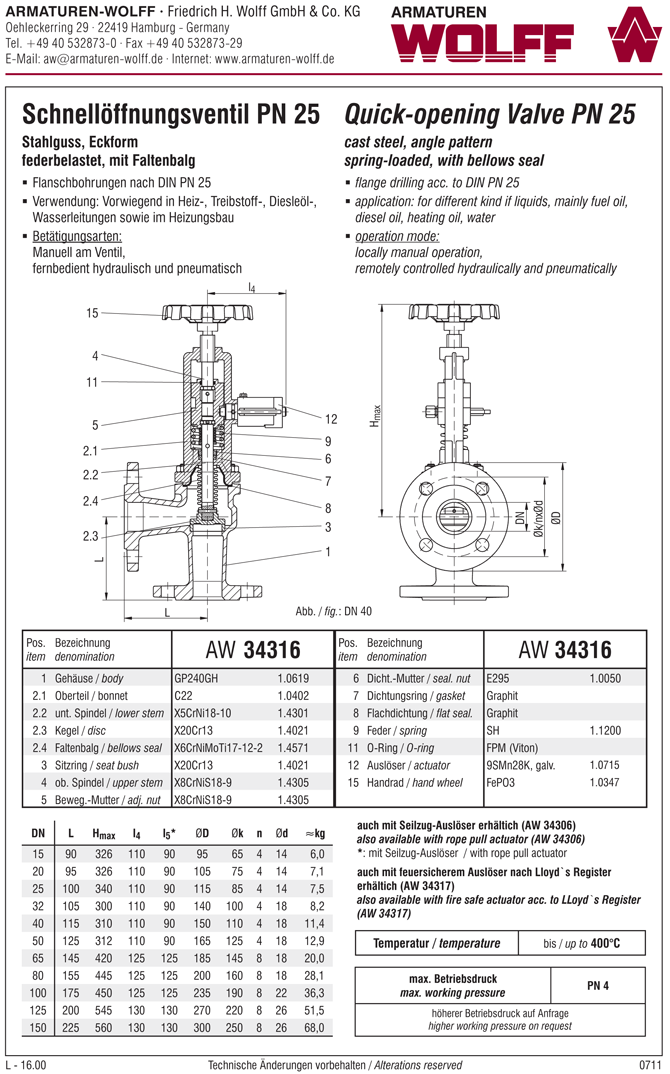 AW 34316 Quick-opening Valve with bellows seal, angle pattern, hydr./pn. operation