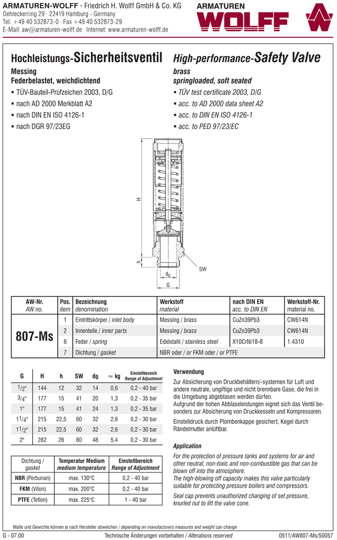 AW 807-MS Safety Valve, male thread, free blow off, high capacity