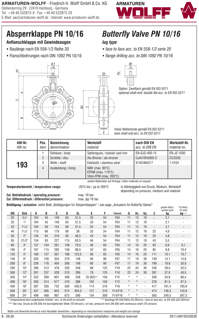 AW 193 Butterfly Valve, lug type