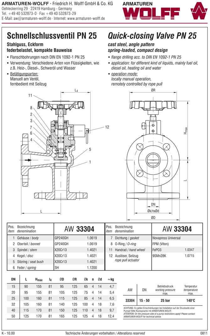 AW 33304 Quick-closing Valve, springloaded, angle pattern, manual operation