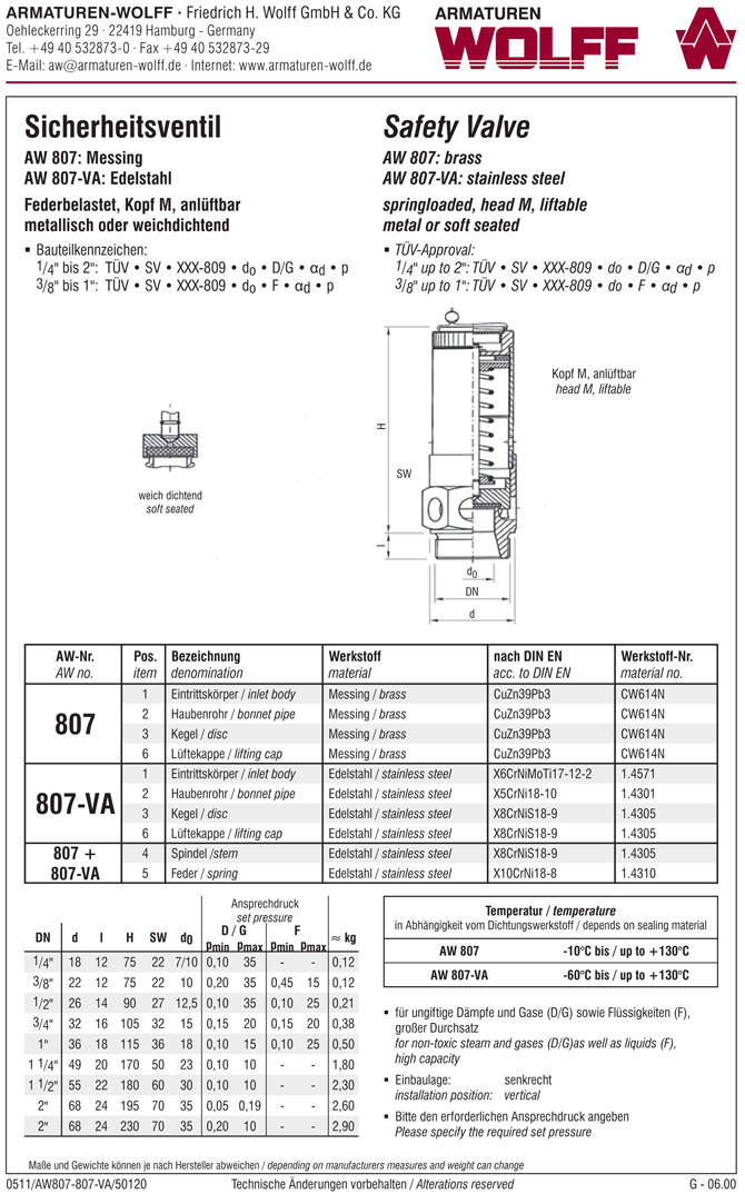 AW 807-VA Safety Valve, male thread, free blow off, high capacity