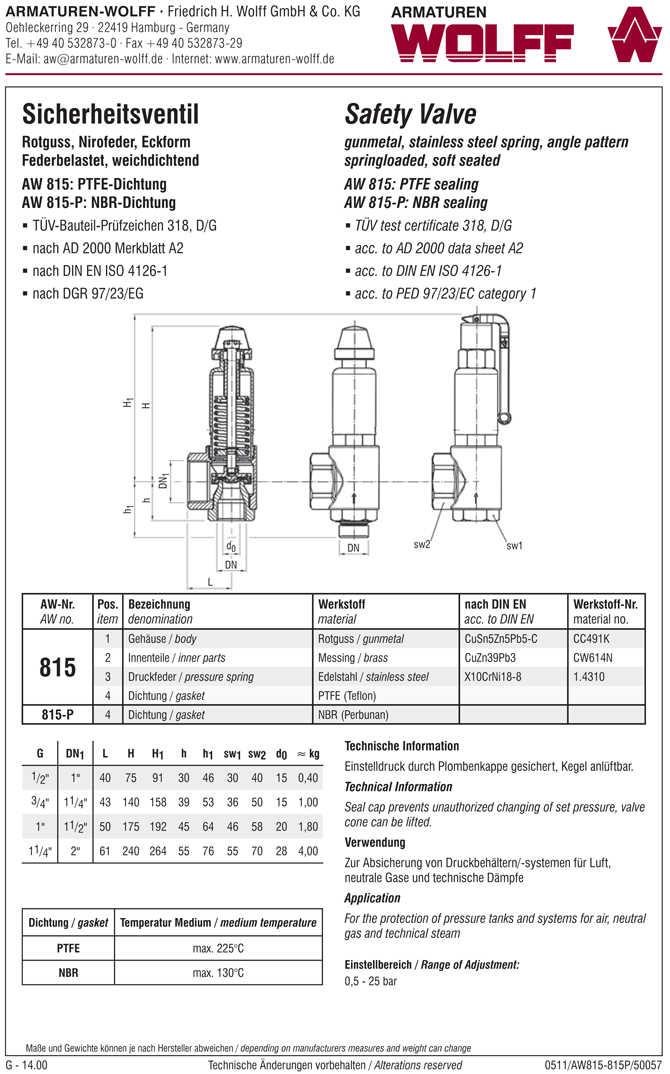 AW 815-P Safety Valve, angle pattern, female thread, closed bonnet, liftable