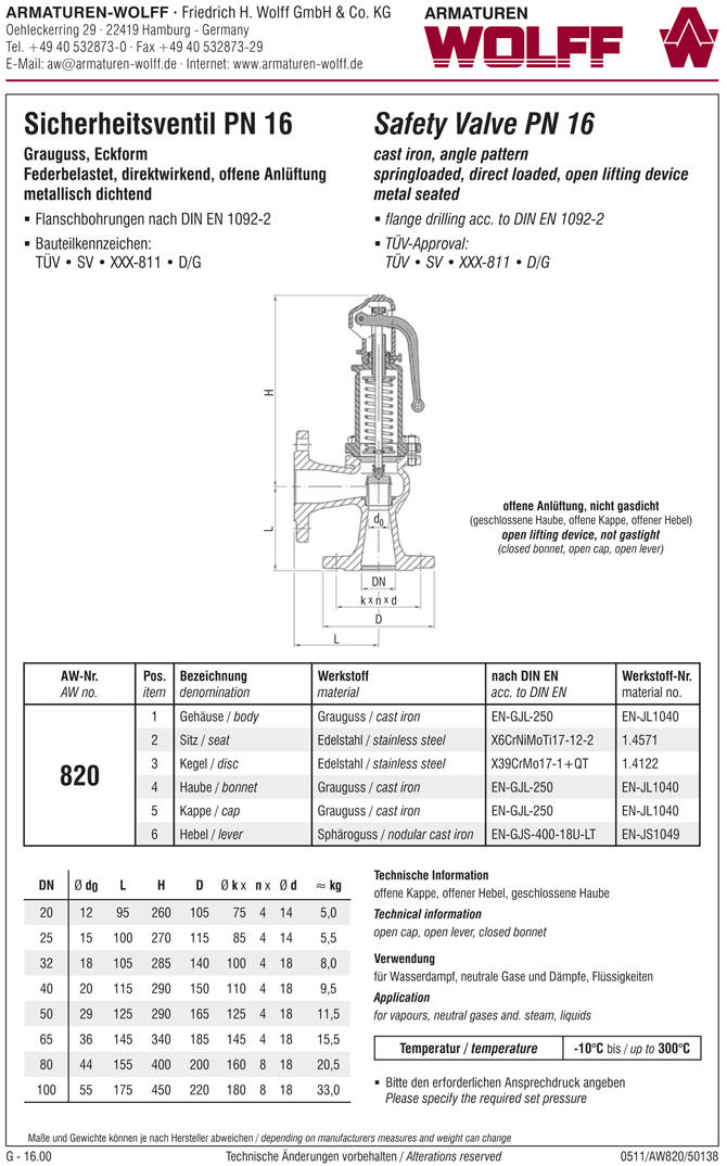 AW 820 Flanged Safety Valve, angle pattern, closed bonnet, liftable
