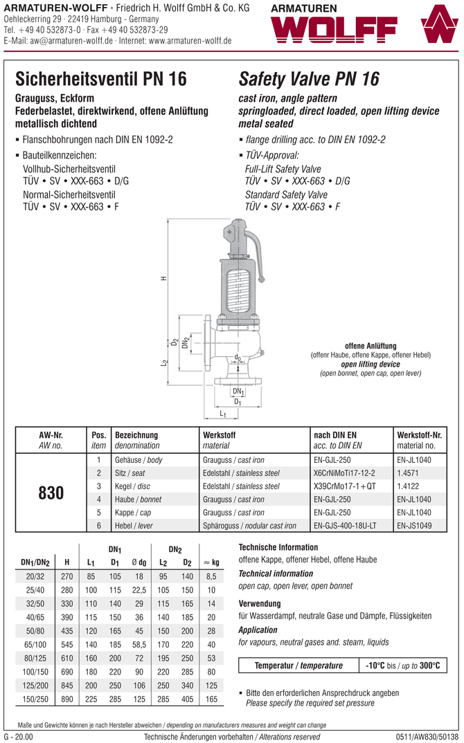 AW 830 Flanged Full-lift Safety Valve, angle pattern, open bonnet, liftable
